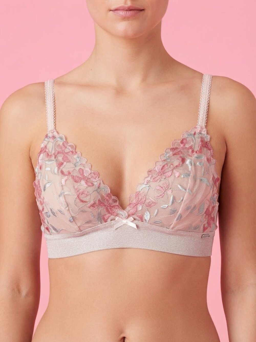Pink Sheer Floral Embroidered Lace Bralette